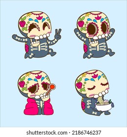 halloween cute sugar skull sticker set, dia de muertos vector illustration