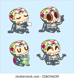 halloween cute sugar skull sticker set, dia de muertos vector illustration