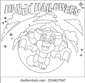  A Halloween cute vampire bat flying in front of the moon in a cartoon in outline