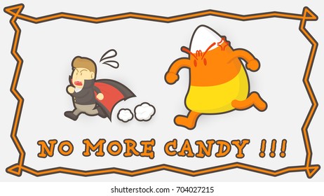 Halloween cute vampire cartoon run away from very big candy corn, Vector cute halloween cartoon characters in flat vector style, No more candy