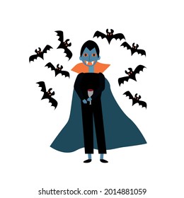 Halloween. A cute vampire with flying bats. Vector illustration 
