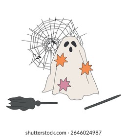 Halloween composição vetor bonito com fantasma, vassoura, teia de aranha, estrelas assustadoras. Perfeito para cartões de decoração, convites, design de t-shirt. 