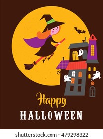 Halloween cute vector greeting cards, posters, banner with witch and haunted house, castle