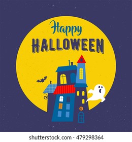 Halloween cute vector greeting cards, posters, banner with witch and haunted house, castle