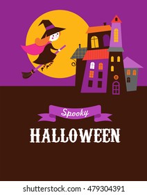 Halloween cute vector greeting cards, posters, banner with witch and haunted house, castle