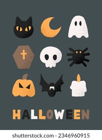 Halloween. Cute vector illustrations of pumpkin, black cat, skull, ghost, coffin, bat, moon, spider and candle. Autumn icons for greeting cards, banners or posters.