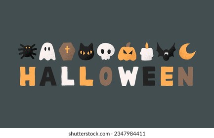 Halloween. Cute vector illustrations of pumpkin, black cat, skull, ghost, coffin, bat, moon, spider and candle. Autumn icons for greeting cards, banners or posters.