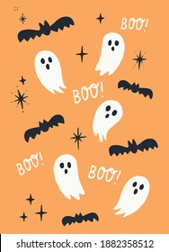 Halloween Cute Vector Pattern with Scary Bat Silhouettes and Spooky Ghosts on Orange Background. Hand Drawn Illustration. Works Well on Posters or Cards.	