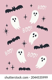 Halloween Cute Vector Pattern with Scary Bat Silhouettes and Spooky Ghosts on Pink Background. Hand Drawn Illustration. Works Well on Posters, Cards and Invitations.