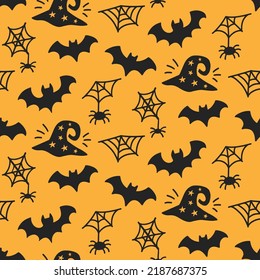 Halloween Cute Vector Seamless Pattern Texture. Cartoon Witch Hat, Bat, Spider Web Hand drawn doodles design for baby clothes, nursery textile, wrapping paper. Halloween print, repeat background