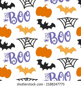 Halloween Cute Vector Seamless Pattern Texture  Cartoon Pumpkin Boo  Bat  Web Hand drawn doodles design for baby clothes  nursery textile  wrapping paper  Halloween print  vintage repeat background