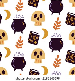 Halloween Cute Vector Seamless Pattern Texture. Hand drawn design for baby clothes, nursery textile, packaging, kids decor, wrapping paper. Halloween printable print, vintage repeat background