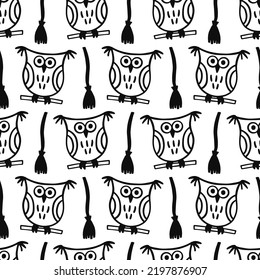 Halloween Cute Vector Seamless Pattern Texture. Cartoon Owl and Broomstick Hand drawn doodles design for baby clothes, nursery textile, wrapping paper. Halloween print, vintage repeat background