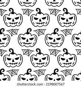 Halloween Cute Vector Seamless Pattern Texture. Cartoon Hand drawn Pumpkin and Spider web doodles design for baby clothes, nursery textile, wrapping paper. Halloween print, vintage repeat background