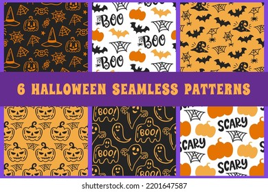 Halloween Cute Vector Seamless Pattern Texture Set. Cartoon Pumpkin Boo, Bat, Web Hand drawn doodles design for baby clothes, textile, wrapping paper. Halloween print, repeat background
