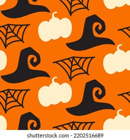 Halloween Cute Vector Seamless Pattern Texture  Cartoon Pumpkin  witch hat  cobweb  Hand drawn doodles design for baby clothes  nursery textile  wrapping paper  Halloween print  vintage background