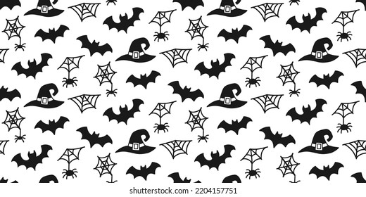 Halloween Cute Vector Seamless Pattern Texture. Cartoon Witch Hat, Bat, Cobweb Hand drawn doodles design for baby clothes, nursery textile, wrapping paper. Halloween print, vintage repeat background