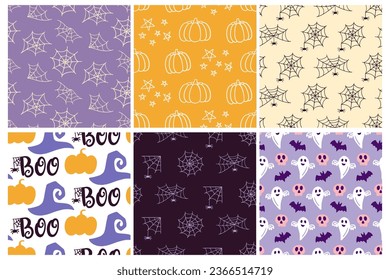 Halloween cute vector seamless pattern texture set. Cartoon witchcraft print, hand drawn witch hat, web, pumpkin doodles wallpaper background, design for baby clothes, nursery textile, wrapping paper