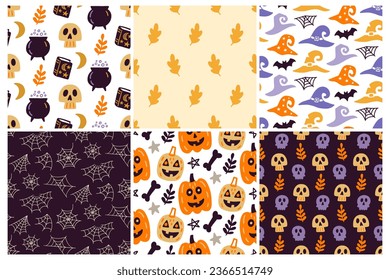 Halloween cute vector seamless pattern texture set. Cartoon witchcraft print, hand drawn witch hat, web, pumpkin doodles wallpaper background, design for baby clothes, nursery textile, wrapping paper