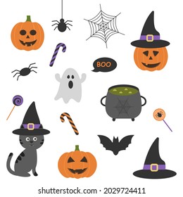 Halloween cute vector set. Pumpkin, spider, cat in a hat, candy, cobweb, ghost.