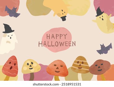 Halloween cute watercolor style hand-drawn vector frame illustration material ghost and mushroom