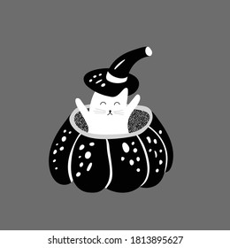 halloween cute white cat in black pumpkin on grey background