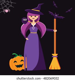 Halloween cute witch with broom, bat, owl, pumpkin, broom and hat. Vector illustration. Flat. Dark background