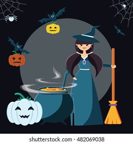 Halloween cute witch with cauldron, broom, bat, owl, pumpkin, broom and hat. Vector illustration. Flat. Dark background