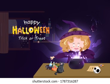 Halloween, Cute witch cooking magic, cartoon fantasy vector illustration