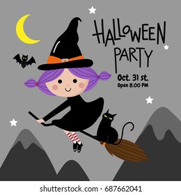 Halloween, cute witch is flying in the night