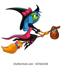 Halloween cute witch flying on her broom. Vector illustration