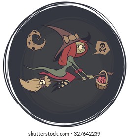 Halloween cute witch flying on her broom on a full moon night. Vector illustration