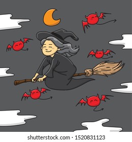 Halloween Cute Witch with Fun Face Flying with Her Broom in the Night Trough the Moon.