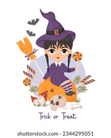 Halloween. Cute witch girl in hat with pumpkin, sweet candy lollipops, broom, skull and bats. Vector illustration in cartoon style. Holiday fantasy female character, kids collection. trick or treat.