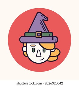 Halloween cute witch in hat. Simple linear flat icon. Colorful magic isolated illustration. Vector design