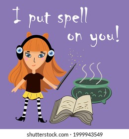 Halloween, cute witch, in headphones with eyes, girl, redhead, child, with a magic wand, cauldron, ball, witchcraft book, spell book, autumn colors. I put spell on you.