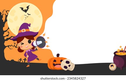 Halloween cute witch holding a megaphone speaker for announce, advertising, promotion, and Grand sale. Vector illustration flat design for banner, poster, template, and background.