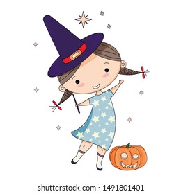 Halloween cute witch with magic wand and the pumpkin. Happy Halloween cartoon character. Cute girl in witch costume. Befana celebration.