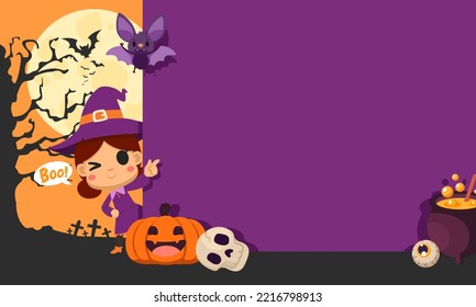 Halloween cute witch peeking on the edge purple board. lovely and spooky cartoon character. Vector illustration flat design for banner, poster, template, and background.