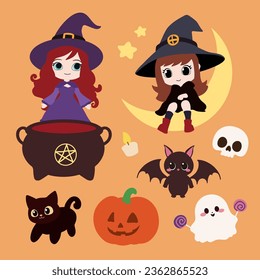 Halloween, cute witch set.Cute and funny Halloween illustrations set.