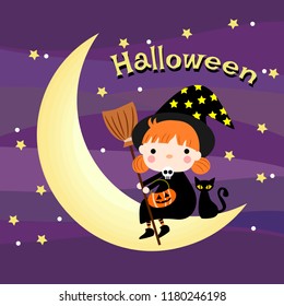 Halloween Cute witch sit on the moon. Halloween witch background.