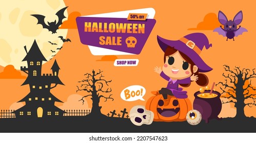 Halloween Cute Witch Sits On The Pumpkin And A Sale Discount Banner Decorates The Silhouette Haunted House. Vector Illustration Cartoon Flat Design For Poster, Wallpaper, And Background.