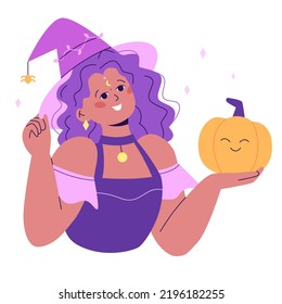 Halloween cute witch. Smiling woman character in the Halloween costume with pumpkin. Flat vector modern illustration.