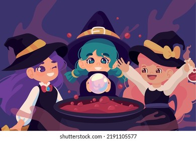 halloween cute witches making spell