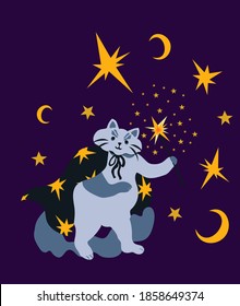 Halloween cute wizard cat and his magical wand with moon and stars on dark purple background vector illustration. Warlock cat, adorable, for kids. Magical cat, fantasy. Greeting card, poster, sorcerer