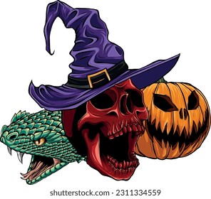 halloween cute wizard skull head with pumpkin and snake