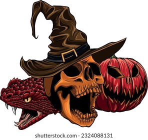 halloween cute wizard skull head with pumpkin and snake