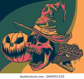 halloween cute wizard skull head with pumpkin and snake