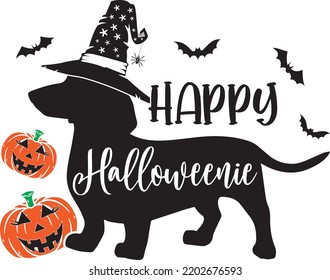 Halloween Dachshund, Dog, Pumpkin, Bat, Vector Illustration Files