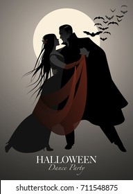 Halloween Dance Party. Romantic vampire couple dancing at Halloween Night.